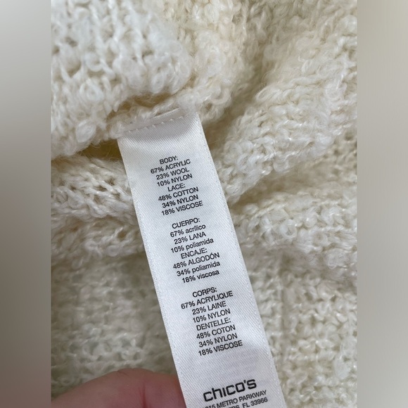 Chicos Buttercream Open Knit Lace Trim High Low Hem Wool Blend Pullover Sweater - Picture 6 of 10